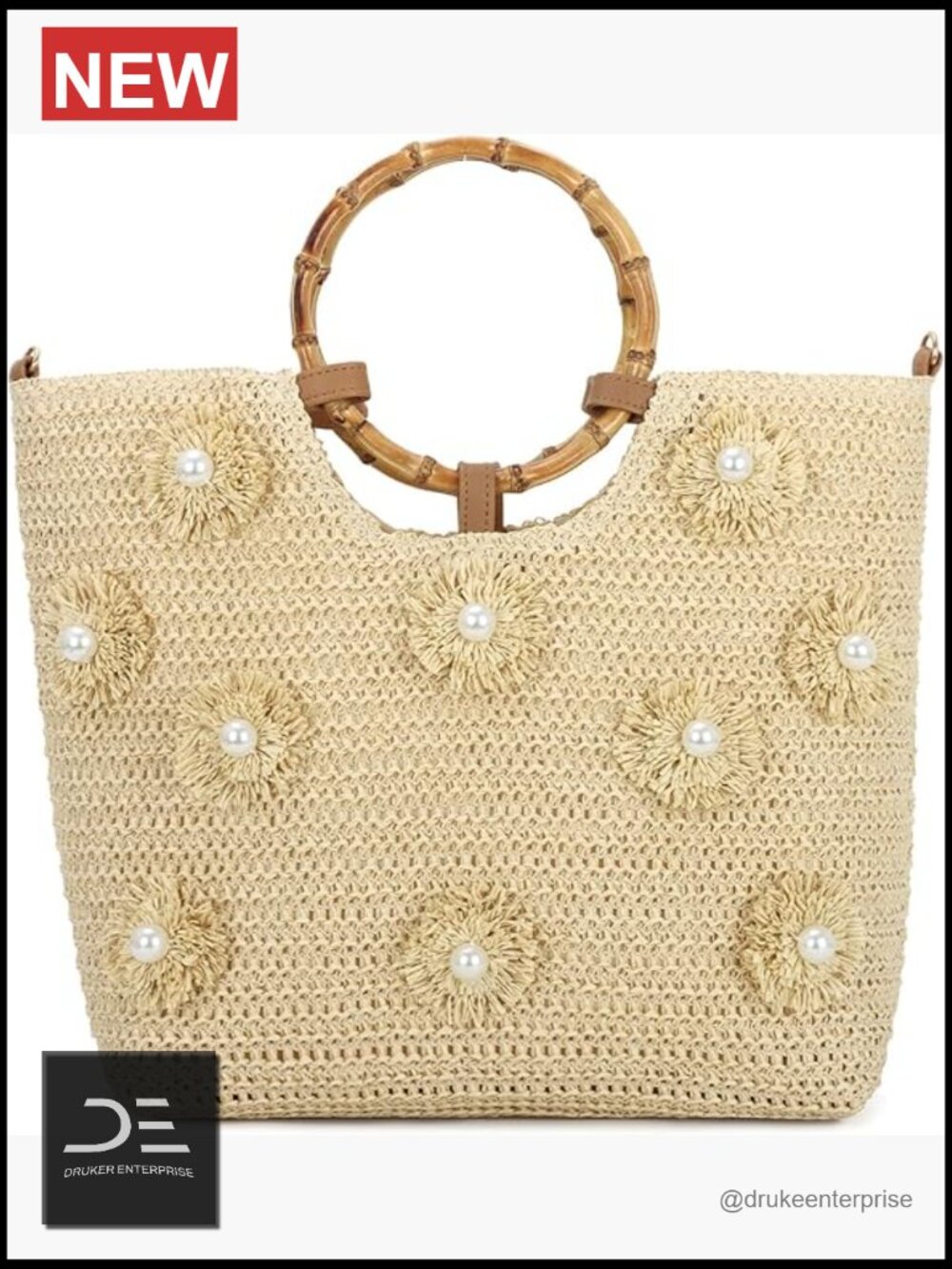 Straw Tote Bag with Floral Embellishments Summer Beach Crossbody Handbag